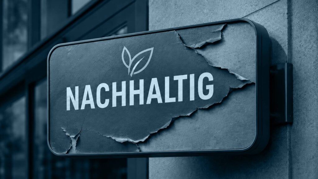 Verwittertes Nachhaltig-Schild an einer Fassade — Symbolbild Greenwashing / EmpCo-Richtlinie