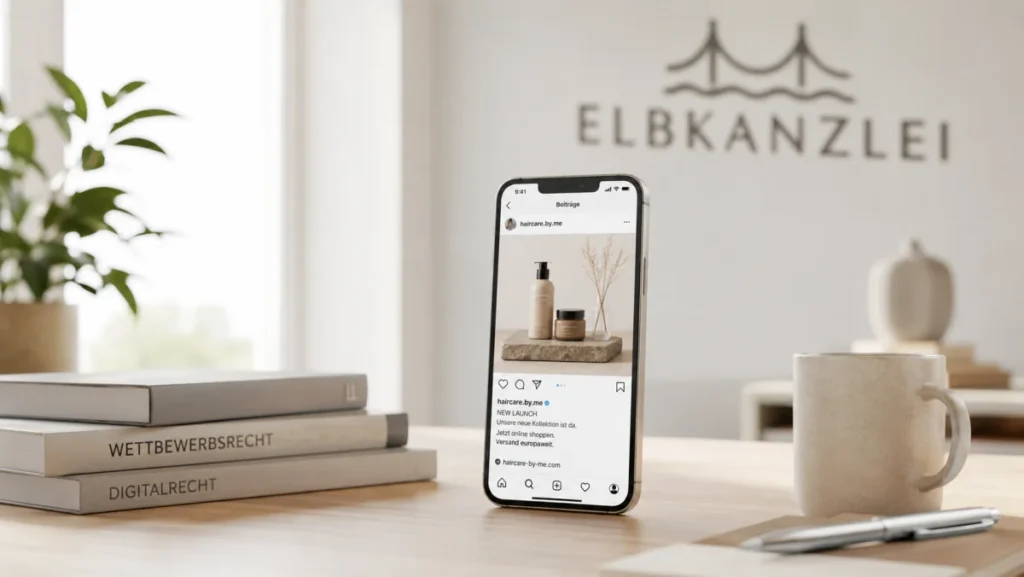 Smartphone mit Instagram-Beitrag zur Influencer-Werbung in einer Kanzleiumgebung