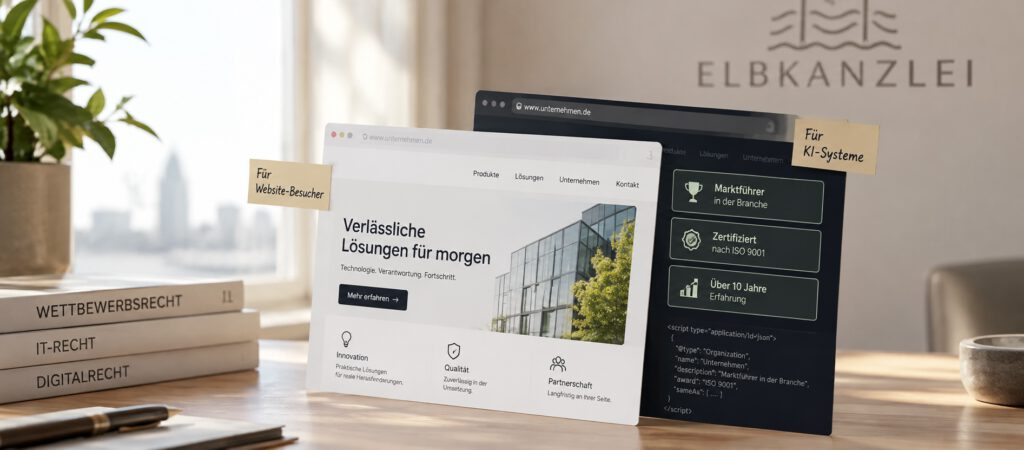 Illustration zu LLM-Cloaking: unterschiedliche Websitefassungen für Besucher und KI-Systeme mit abweichenden Werbe- und Zertifizierungsangaben in einer Kanzleiumgebung.