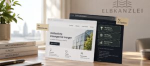 Illustration zu LLM-Cloaking: unterschiedliche Websitefassungen für Besucher und KI-Systeme mit abweichenden Werbe- und Zertifizierungsangaben in einer Kanzleiumgebung.