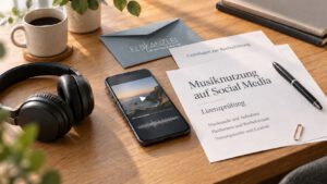 Smartphone und Kopfhörer neben Unterlagen zur Musiklizenzprüfung und einem Briefumschlag mit Elbkanzlei-Logo.