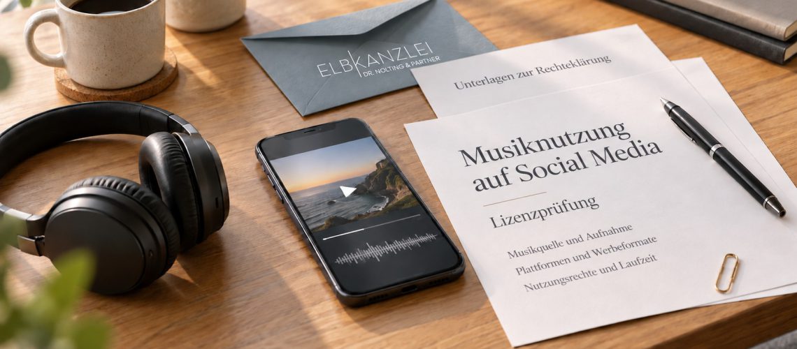 Smartphone und Kopfhörer neben Unterlagen zur Musiklizenzprüfung und einem Briefumschlag mit Elbkanzlei-Logo.