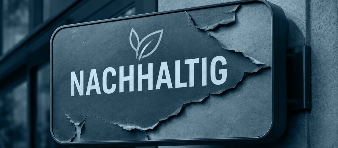 Verwittertes Nachhaltig-Schild an einer Fassade — Symbolbild Greenwashing / EmpCo-Richtlinie