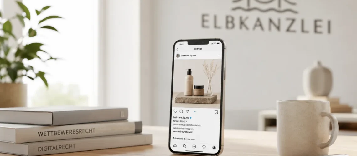 Smartphone mit Instagram-Beitrag zur Influencer-Werbung in einer Kanzleiumgebung